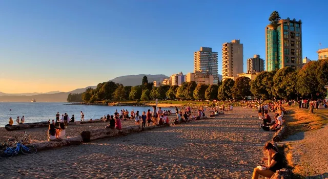 English Bay beach Vancouver sunset golden